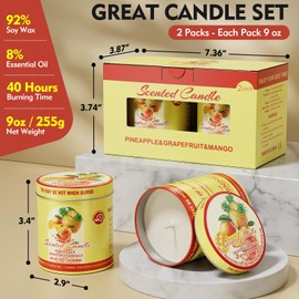 2 Pack Scented Candles (90 Total Burn Hours) - Soy Wax Candles 9 oz Each in Tin - Long Lasting Aromatherapy Candle Gift Set (Pineapple Grapefruit Mango)