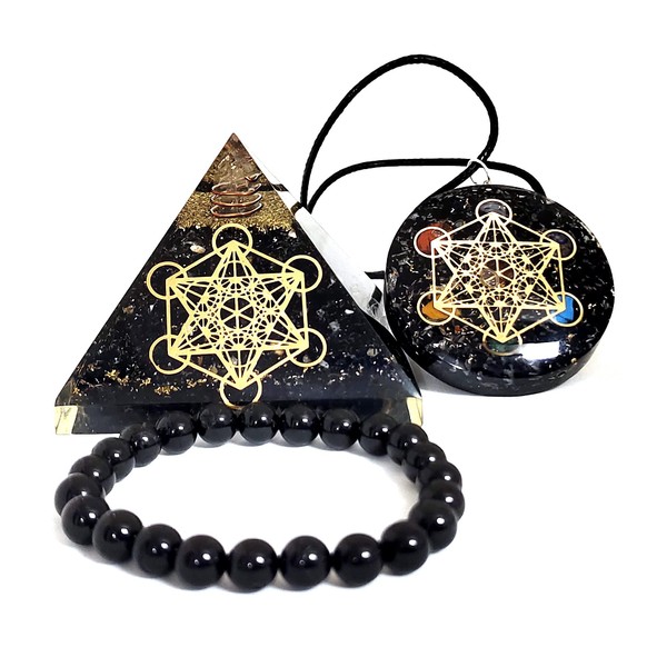 Black Tourmaline Orgone Crystal Pyramid & Pendant Seven Chakra Metatron Cube Merkaba | Natural Stone Bracelet | E Protection Kit Reiki Spiritual Healing Positive Energy Generator Yoga Meditation