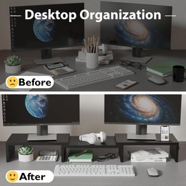 BONTEC Dual Monitor Stand for Desk, Adjustable Length and Angle Monitor Stand Riser with Smartphone Holder, Desk Shelf for Top of Desk, Computer Monitor Stand with Storage, Office Desk Organizer, Black