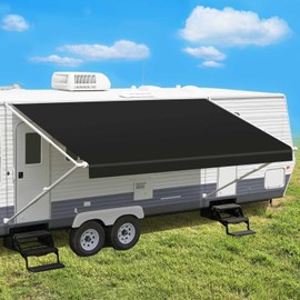 Leaveshade RV Awning Fabric Replacement Motorhome Camper Trailer Awning Fabric Super Heavy Vinyl Coated Polyester 14'3''(Fit for 15' Awning)-Solid Black