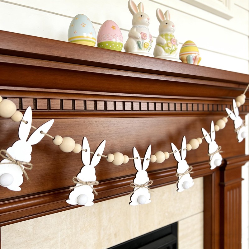 6.5ft Cute Easter Bunny Garland with Wood Beads, Farmhouse Easter