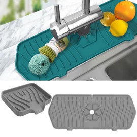 Selfdee Silicone Faucet Splash Catcher,14 inch Dish Soap Sponge Holder for Kitchen Sink Accessories, Drying Mat for Kitchen Counter & Bathroom Kitchen Sink Splash Guard (35.4*14.8CM+12*10CM)
