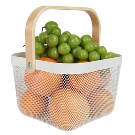 Mesh Steel Garden Harvest Basket with Wood Handle,Hanging Kitchen Baskets Outdoor Basket,Harvest Basket for Garden Vegetables,for Shopping Garden Kitchen Bathroom Home(White)