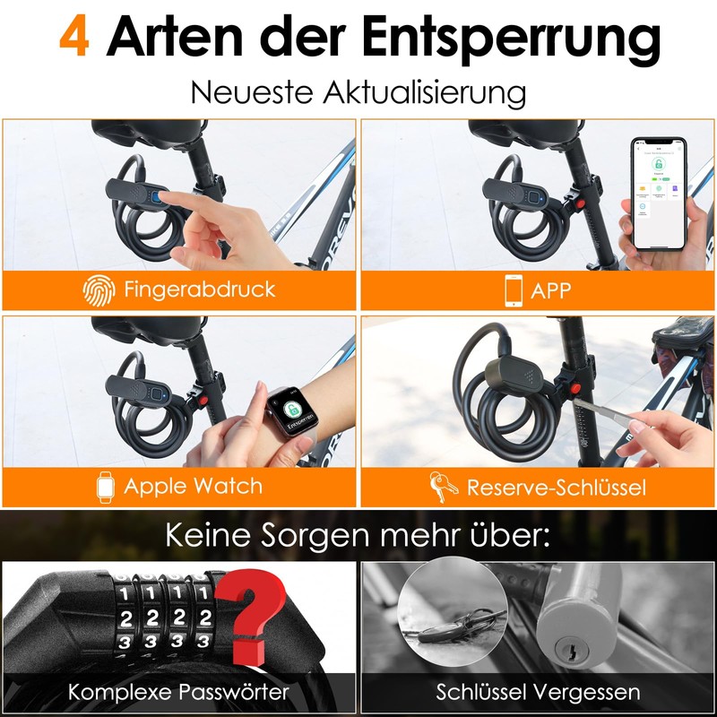 Anweller Bicycle Lock Fingerprint with 2 Keys, Bicycle Cable Locks