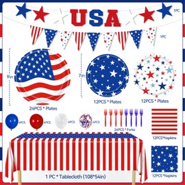 4th of July Decorations, 119PCs Fourth of July Party Supplies-Serves 24 with 250th Independence Day Plates and Napkins Tablecloth and USA Banner Forks Balloons for Labor Day Veterans Day Decorations