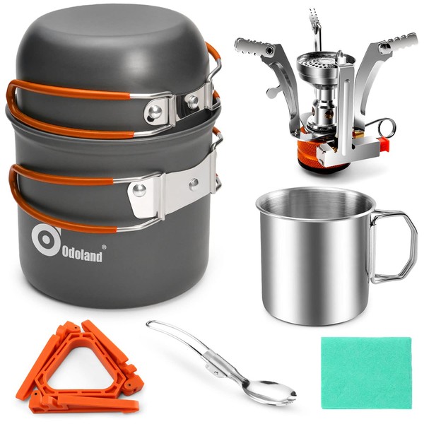 Odoland Camping Cookware Mess Kit, Camping Pot and Pan Set with Mini Backpacking Stove, Stainless Steel Cup, Spork and Tank Bracket, Cooking Gear for Outdoor, Hiking, Picnic, Campfire Orange
