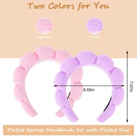 AMCAMI 2 PCS Puffy Spa Headband for Women Sponge Headbands for Girls Terry Towel Cloth Fabric Head Band for Skincare,Makeup Removal,Face Washing,Facial Mask,Shower,Hair Accessories（Purple&Light Pink）