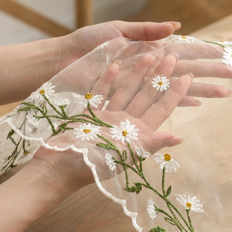 Artoid Mode Daisy Floral Beige Apricot Shaped Gauze Embroidery Table