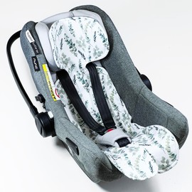 Atmungsaktive Sitzauflage für Babyschale Kinderautositz Kinderwagen Antischwitz, universal Gruppe 0+ (0-13kg) Gruppe I (9-18kg) (BAUMWOLLE_EUKALYPTUS)