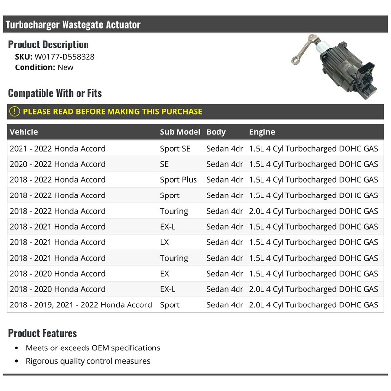 Turbocharger Wastegate Actuator - Compatible with 2018-2022 Honda Accord Sedan