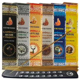 Ayurvedic Incense Sticks Variety Pack #4 and Ash Catcher Bundle with 6 Popular Fragrances
