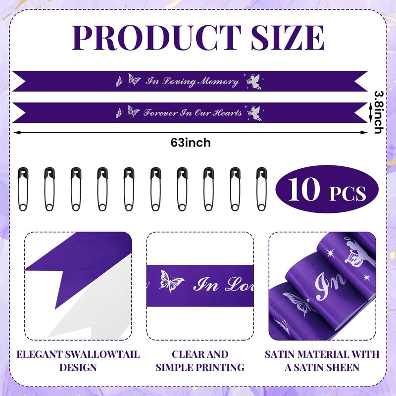2 Pcs 63x3.8'' Memorial Funeral Sash with Pin, White,Purple, Delicate