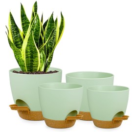 zople Flower Pots 10/9/8/7.5 Inch Self-Watering Flower Pots, Set of 4 Plastic Flower Pots with Drainage Holes and Tray, Nursery Planting Pots for Indoor and Outdoor Plants. Green Brown