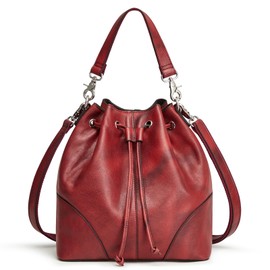 S-ZONE Genuine Leather Bucket Bags for Women Drawstring Crossbody Purses Shoulder Top Handle Handbags with 2 Straps