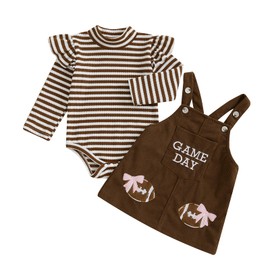 Newborn Infant Baby Girl Game Day Football Outfit Long Sleeve Striped Onesie with Corduroy Suspender Skirt Set (Khaki, 6-9 Months)