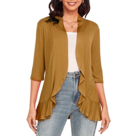 Argstar 3/4 Sleeve Cardigan for Women, Lightweight Open Front Casual Soft Draped Ruffles Tan M