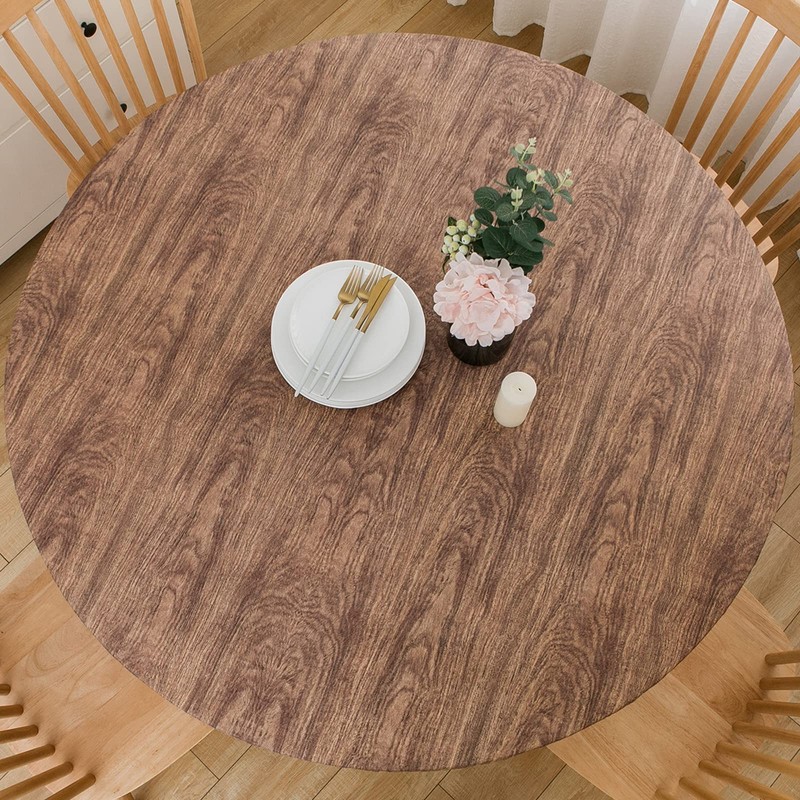 LIBERECOO Round Vinyl Fitted Tablecloth with Flannel Backing Elastic Edge