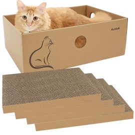 AUSCAT Cat Cardboard Scratcher, 4 PCS Reversible Cat Scratching Boards with Box for Indoor Kitty to Rest and Play, 14.8" L x 10.8" W x 5.2" H.