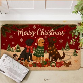 TRYYN Dog Welcome Decor Door Mat,Christmas Outdoor Indoor Decorative Floor Mats,Xmas Doormats Gifts for Porch Kitchen,Non Slip Entryway Rug,Winter Doormat with Puppy,Pine Tree and Snowflake,29.5x17in