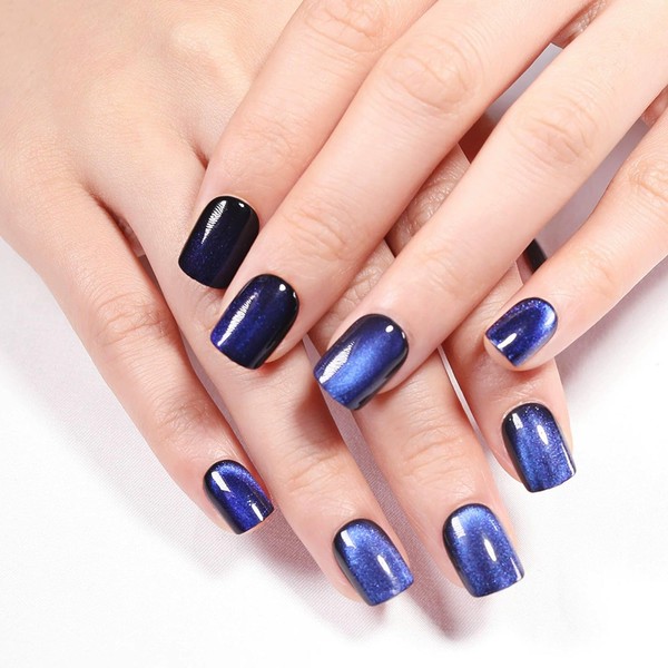 Cat Eye Press on Nails Short Fake Nails Blue Nails