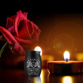 UrnAurn Small Black Solid Stainless Steel Cremation Urn - 1.6" High - Keepsake Memorial Ash Urn - Your Wings were Ready, But My Heart was Not