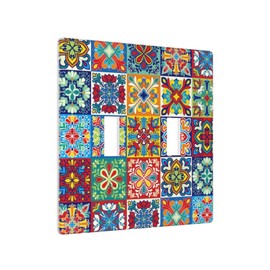 Talavera Mexican Ceramic Tiles Watercolor Decor Print Light Switch Plate Cover Plastic Wall Plates (Double Gang Toggle Switch)