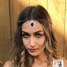 Aularso Boho Head Chain Crescent Moon Forehead Chain Vintage Headbands Chain Crystal Headpieces for Women (Black-A, one size)