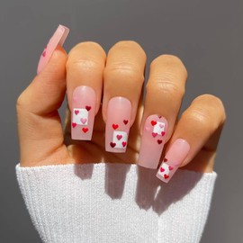 24 Pcs Press on Nails Heart Fake Nails Cute False Nails Long Coffin Full Cover Acrylic French Manicure for Women Girls (Heart Fake Nails-J)