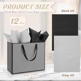ReliThick 12 Pack Metallic Paper Gift Bag with Handle and Tissue 11.8 x 10 x 4'' Thank You Favor Bag for Wedding Bridal Shower Fall Party Groomsmen Birthday Party Baby Shower(Gray, Black)