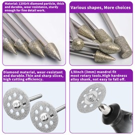 120Grit Diamond Grinding Bit Set for Dremel, Rotary Tool Grinding Cutting Wheel 1/8” Shank for Stone Glass Tile Jewelry Engraving Rock Etching Carving Metal Wood - 32Pcs
