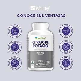 Wellthy Citrato de Potasio 360 Cápsulas 400mg. 180 Porciones por Envase para 6 meses de consumo, Hecho en Planta Certificada, VCaps Cápsulas Vegans.