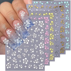 6Sheets Flower Nail Stickers for Nail Art, Hibiscus Flowers Nail Decals White Pink Gold Flower Star Pattern Flowers Nail Design 3D Self-Adhesive Hibiscus Nail Art Stickers Manicure Tips for Women