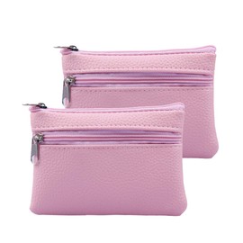 ZhengYue Mini Coin Purse Holder Wallet Leather Purses for Women Men Kids Minimalist Zip Pouch with Key Ring 2PCS Pink