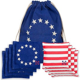 Professional Cornhole Bags - Set of 8 Regulation All Weather Two Sided Improved Bean Bags for Pro Corn Hole Game - Betsy Ross Vintage American Flag