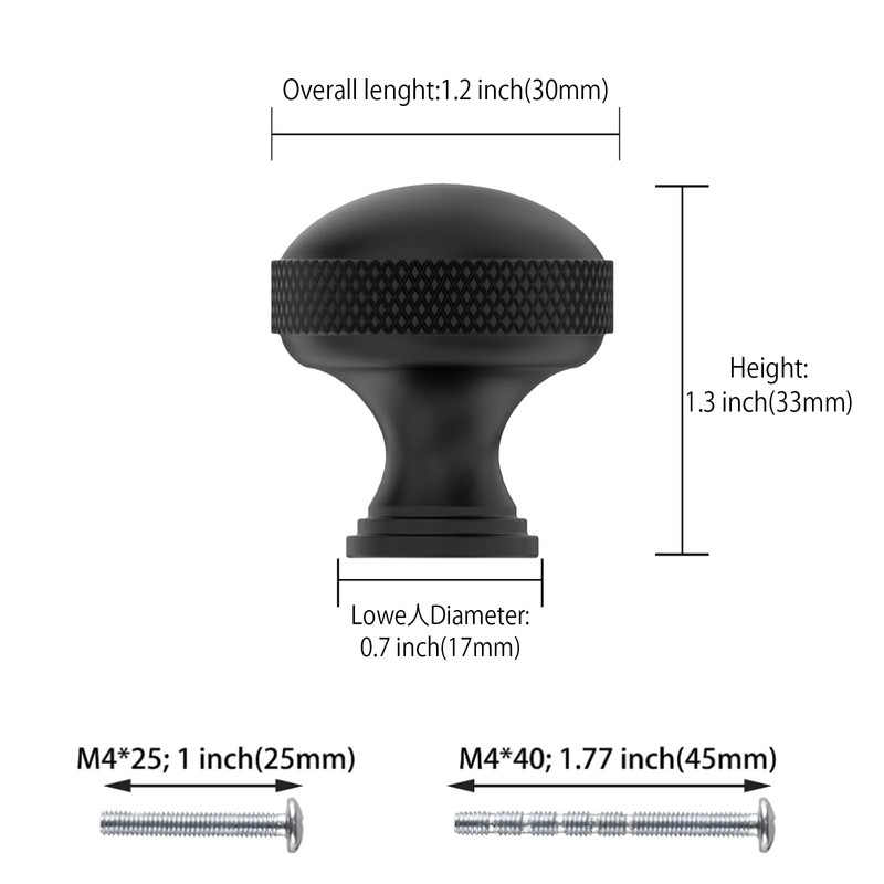 ROMATEE 10 Pack Matte Black knurled Cabinet Knobs 0.7 Inch(17mm)