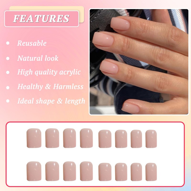 24Pcs Square False Nails Short, French Pink Tip Nude Press