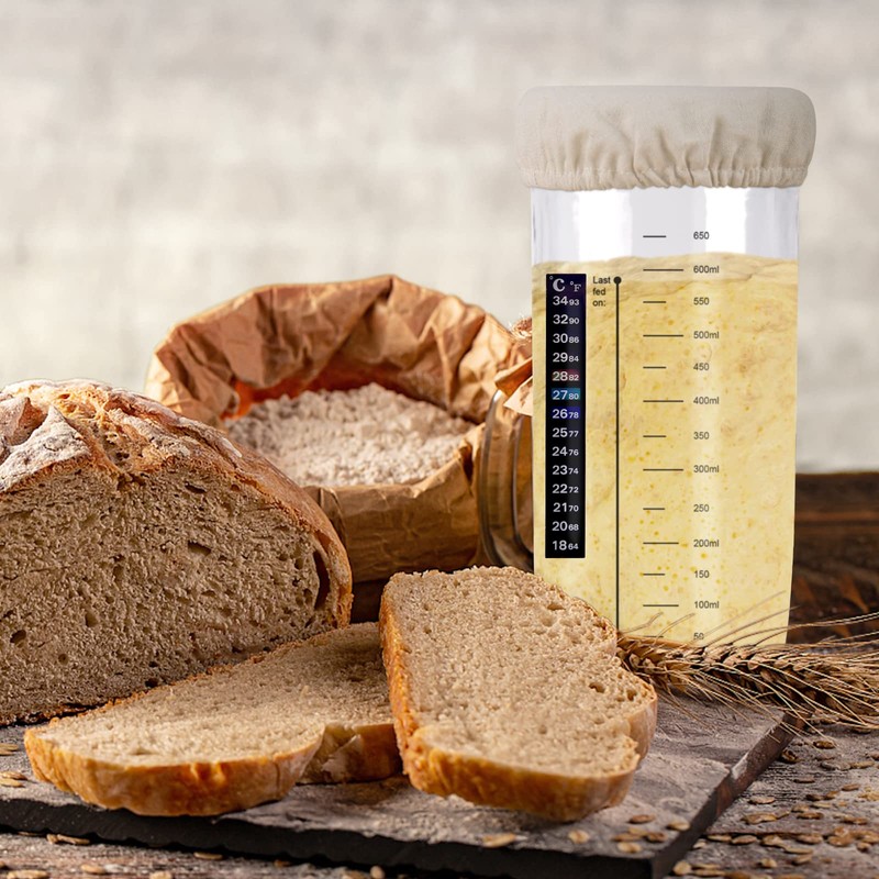 Sourdough Starter Jar Kit, 650ml Sourdough Starter Jar With Thermometer,