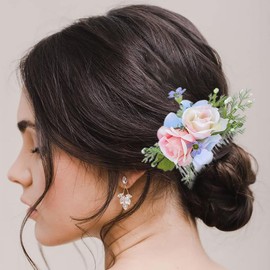 Campsis Peines para el pelo de la novia con diseño de rosas blancas y hojas florales para novia, dama de honor, pieza de compromiso, fiesta de graduación, fotografía de playa, 2 unidades