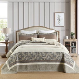 DDUOXIN Oversized King Bedspread 128" W x120 L - 100% Cotton California King Quilt with 2 Pillow Shams, Farmhouse Stripe Bedspread Reversible Lightweight Coverlet Set, Beige/Brown/Gray, 3 Piece