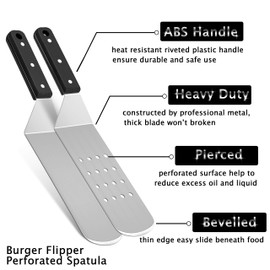 HaSteeL Metal Griddle Spatula, Stainless Steel Long With Riveted Handle, Heavy Duty Perforated & Solid Burger Turner for Teppanyaki BBQ Flat Top Grilling Cooking, Dishwasher Safe