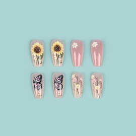 SINHOT Coffin Press on Nails Long - Sunflower Butterfly Ballerina Nail Art, Pink DIY Fake Nails with Glossy Glue on Nails, 24Pcs