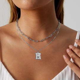Zodiac Necklace for Women Zodiac Sign Choker Necklace Silver Paperclip Chain Layered Necklace 12 Constellation Square Pendant Necklace for Women Girls Jewelry Gifts, Stainless Steel, No Gemstone