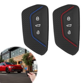 2 Stück Silikon Autoschlüssel Hülle 3 Tasten Autoschlüssel Hülle mit Wabenmuster, Kratz und sturzsichere Auto Schlüssel Etui Schutzhülle Kompatibel mit VW SEAT Skoda Golf 8 (Rote und Blaue Linien)