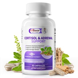 Alliwise Cortisol Supplements for Women & Men - Adrenal Support with Ashwagandha, L-Theanine & Holy Basil for Stress Relief, Mood & Steady Focus - Hormone Balance - 60 Vegan Capsules