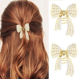 Banatra Pearl Claw Clips Gold Bow Hair Clips Small Metal Clip Claws Fancy Hair Accessories for Women and Girls (Pack of 2)