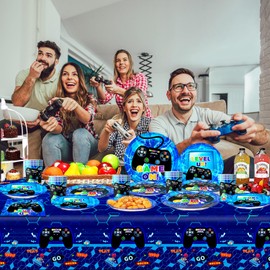 Huxolynifty Video Game Party Supplies,Serves 16 Gaming Party Decorations Tableware Set - Gaming Plates and Cups Napkins Tablecloth etc Gamer Party Supplies for Video Gamed Theme Birthday Party