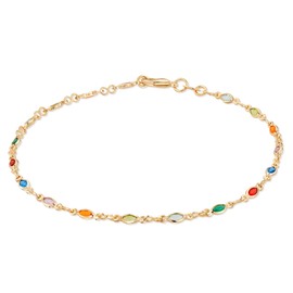 Barzel 18K Gold Plated Gold and Multi Color Crystal Baguette Anklet, 10 Inches - Made in Brazil