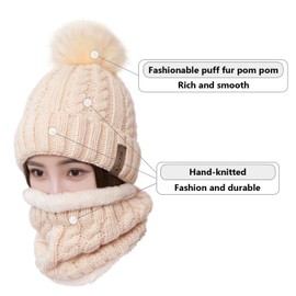 LCZTN Womens Pom Beanie Hat Scarf Set Girls Cute Winter Ski Hat with Fleece Lined Beige
