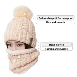 LCZTN Womens Pom Beanie Hat Scarf Set Girls Cute Winter Ski Hat with Fleece Lined Beige