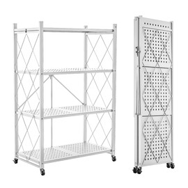 Lifetime Home Lifetime Home 4-Tier Foldable Storage Shelf with Wheels - Metal Collapsible Shelving Unit Display, Rolling Cart for Books Kitchen Storage Shelves, Pantry & Closet Organizer, Office Room Decor - White